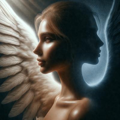 The primary subject of the image is a woman with angel wings. She is the main focus of the image, and her wings are prominently displayed. The setting is a dark background, which contrasts with the woman's wings, creating a dramatic effect. The visual style is a digital art or illustration, as the woman's wings are depicted in a detailed and artistic manner. The colors and mood of the image are predominantly dark, with the woman's wings being the main source of light and contrast.